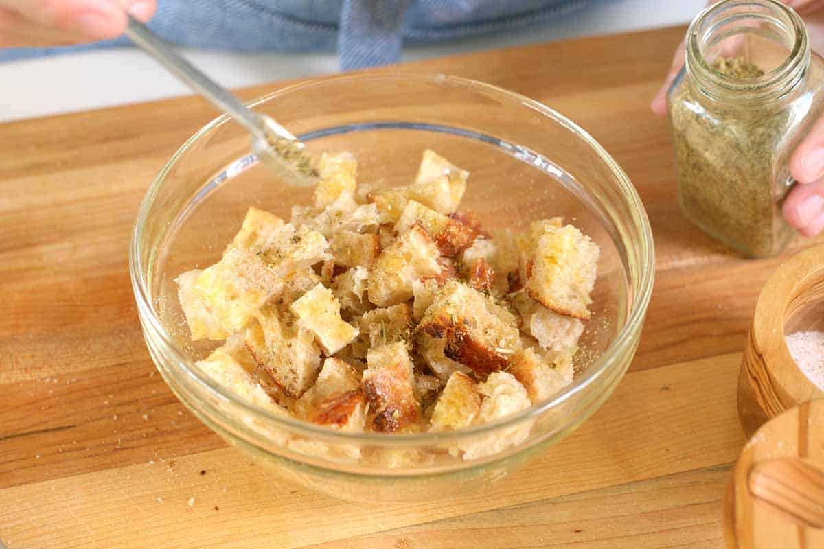 Making croutons for chicken caesar salad