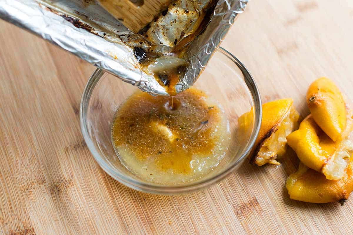 Making roasted lemon vinaigrette to serve with the chicken