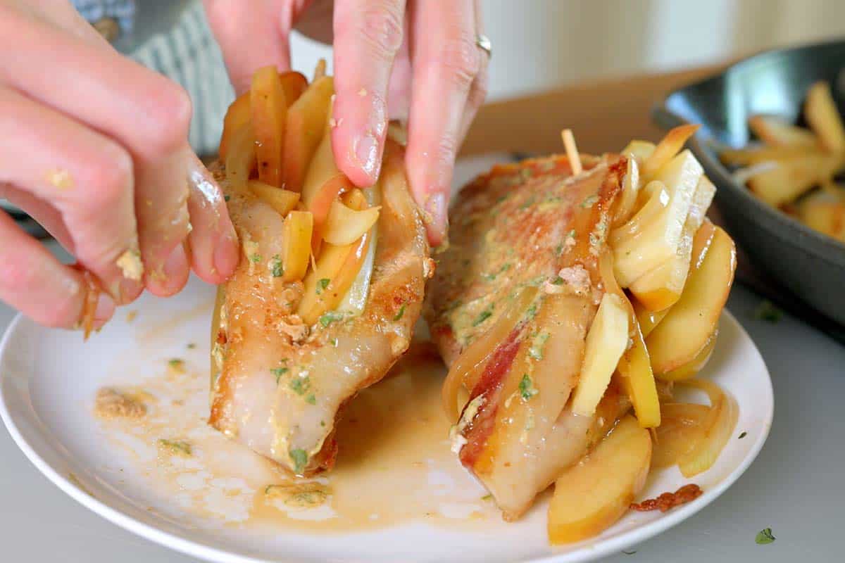 Securing stuffed pork chops with toothpicks