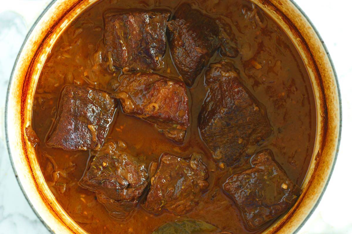 Short ribs after braising for 3 hours in the oven