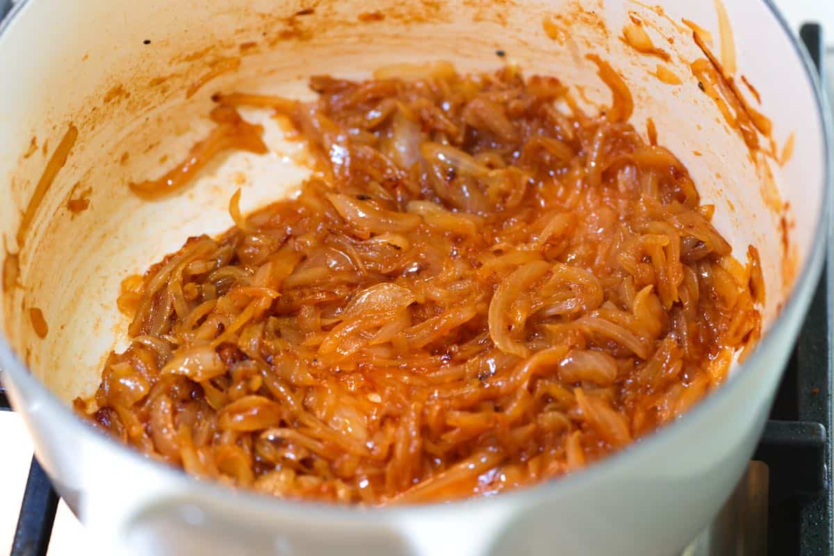 Caramelizing onions for the beef braising liquid
