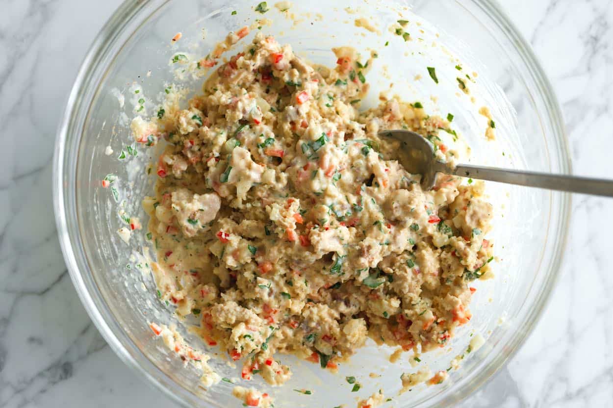 The salmon patty mixture before chilling (it looks wet and loose).