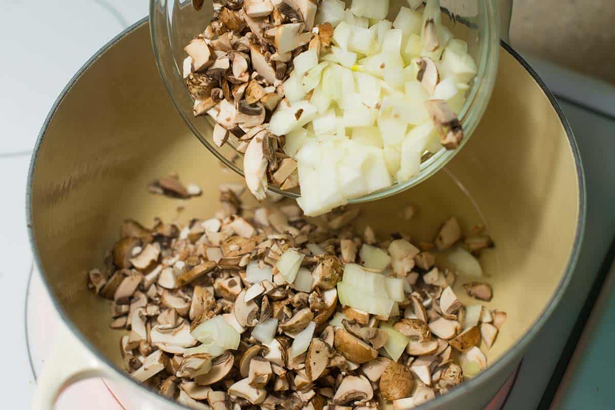 Cooking onions and mushrooms for the base of turkey chili