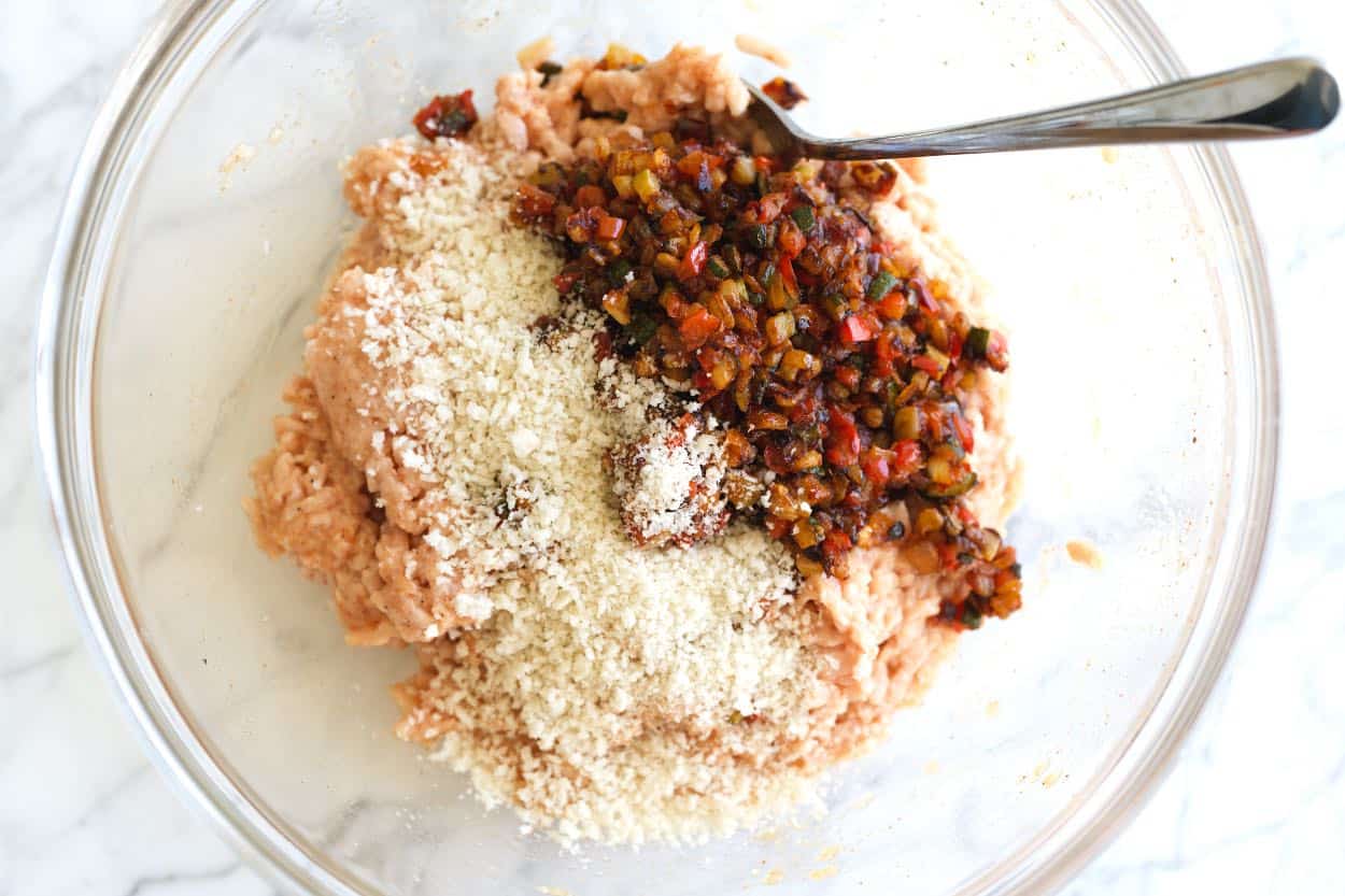 The chicken burger mix in a large bowl.