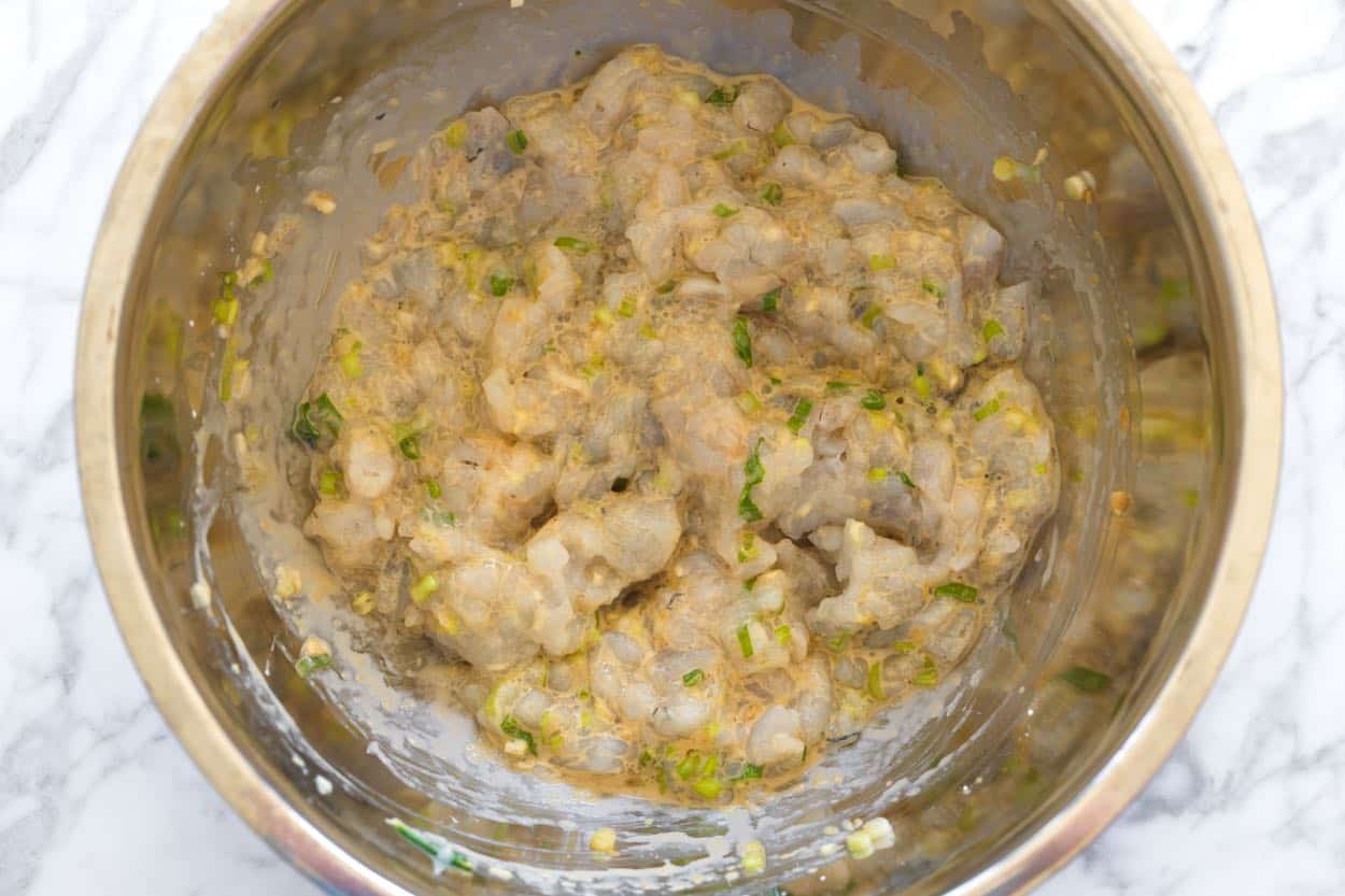 The shrimp burger mixture ready to be refrigerated before cooking.