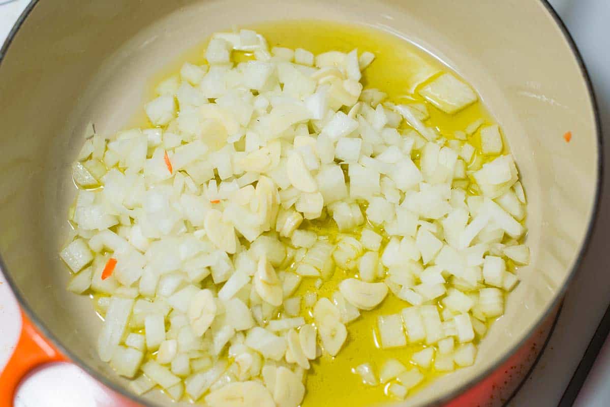 Cooking onions and garlic in olive oil
