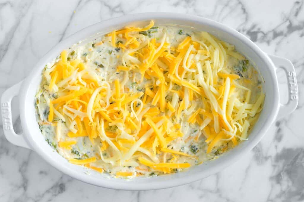 jalapeño popper dip in a baking dish ready for the oven