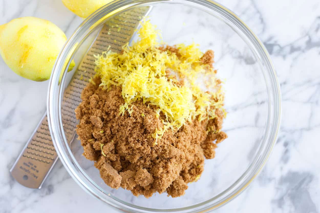 Making lemon sugar for lemon blueberry bread