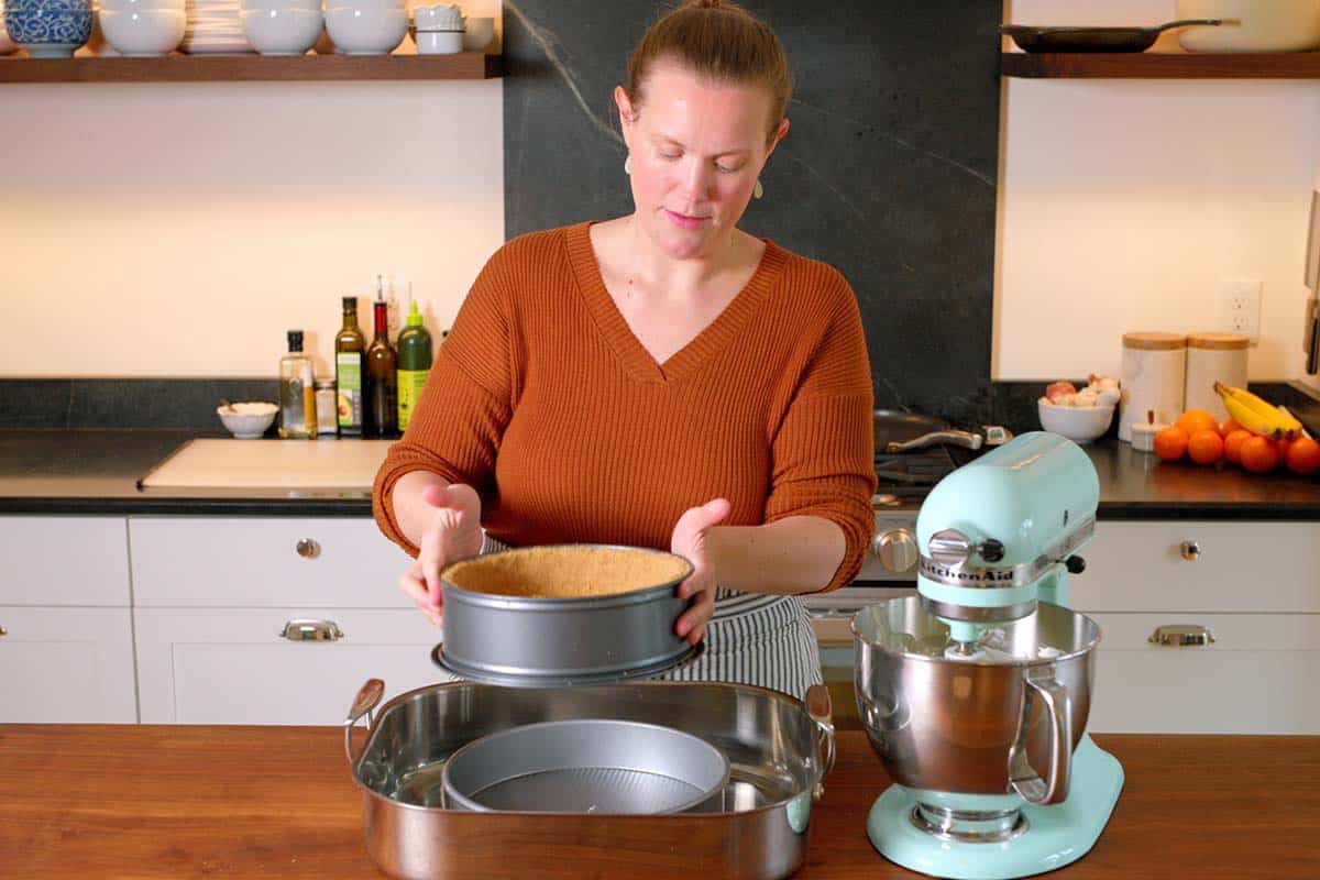 Setting up a cheesecake water bath.