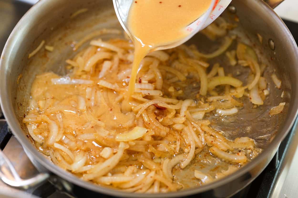 Making the German potato salad dressing in the skillet