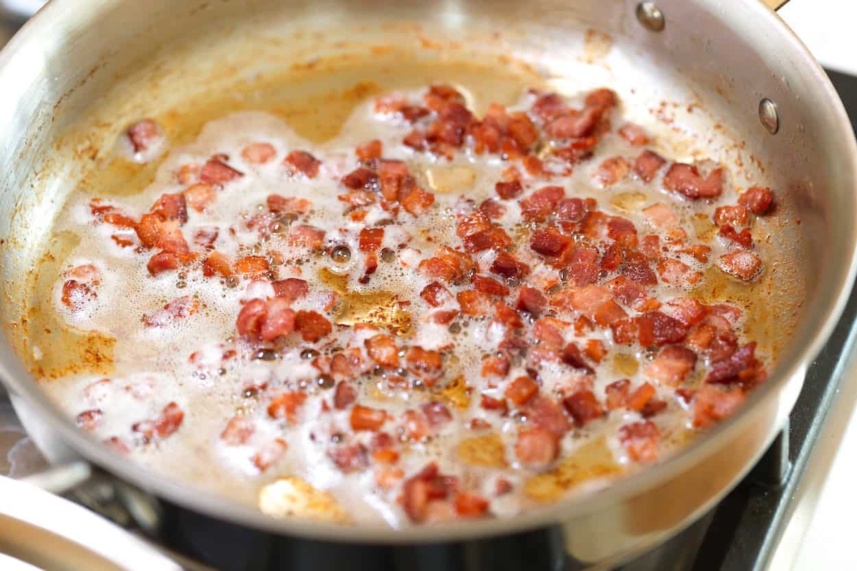 Cooking bacon and rendering the bacon fat to use in the dressing for German potato salad