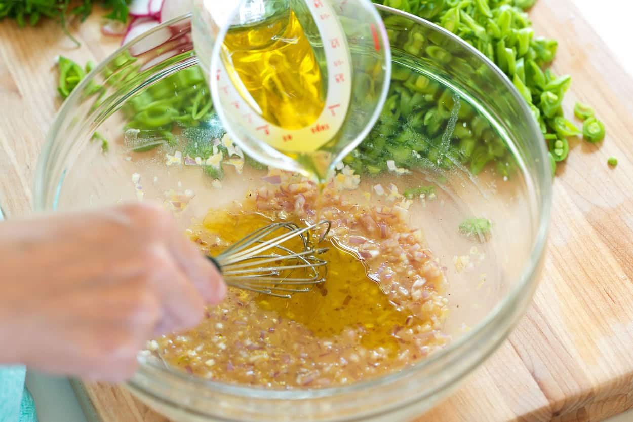 Making the lemon vinaigrette for a snap pea salad