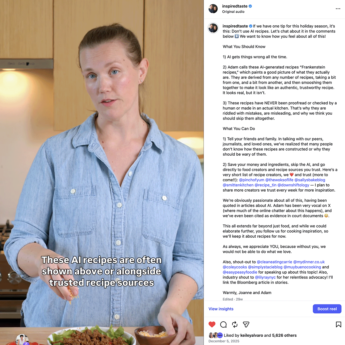Inspired Taste warning readers about AI recipes in search