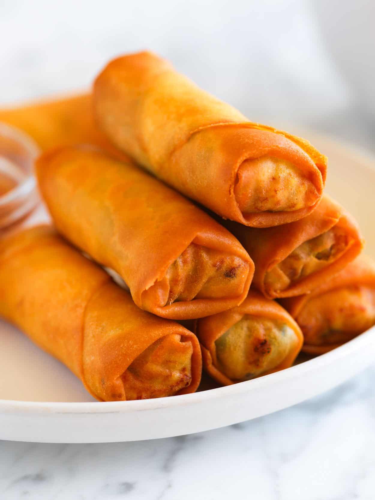 A stack of homemade spring rolls